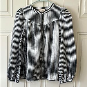 Striped Blue and White Button-Up Blouse Puffed Long Sleeve